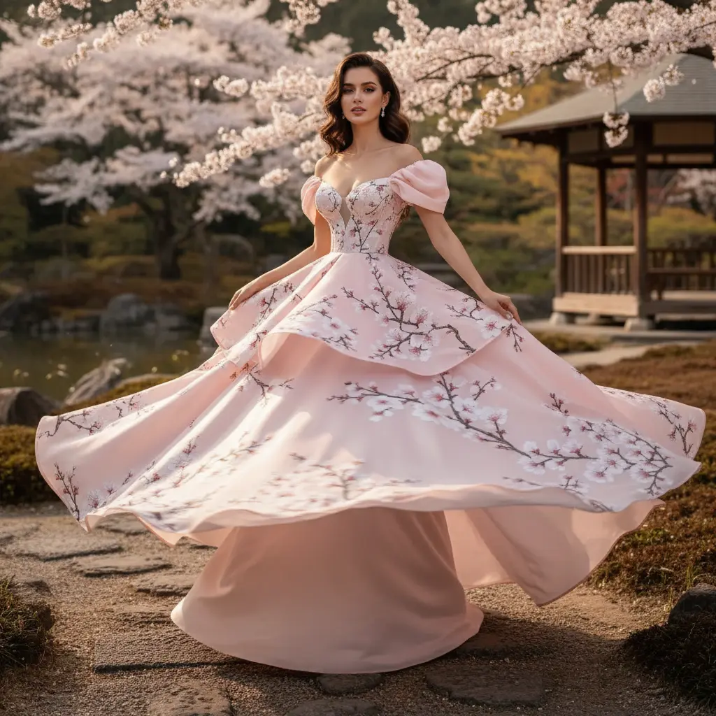 AI-generated editorial fashion photoshoot gown model on silk boutique backdrop