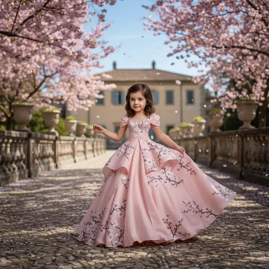 AI-generated kids luxury dress fashion photoshoot for clothing catalog
